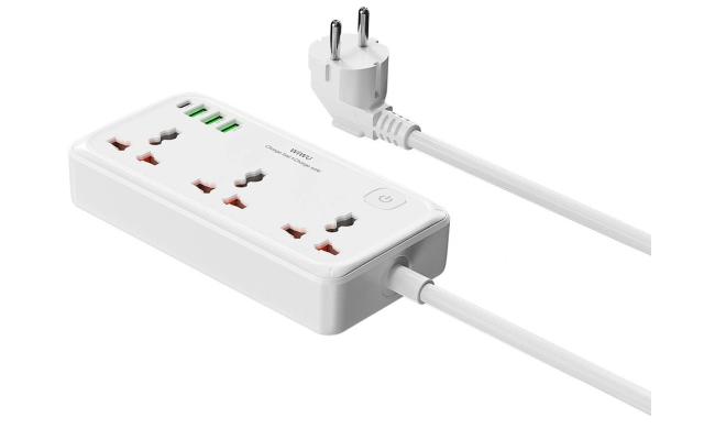WiWU Wi-S005 7 in 1 High-Capacity Power Strip, 30W PD GaN Fast Charging Port (USB-C), 4000W Max, Output interface: 1xType-C, 3x USB-A, 3xAC - White